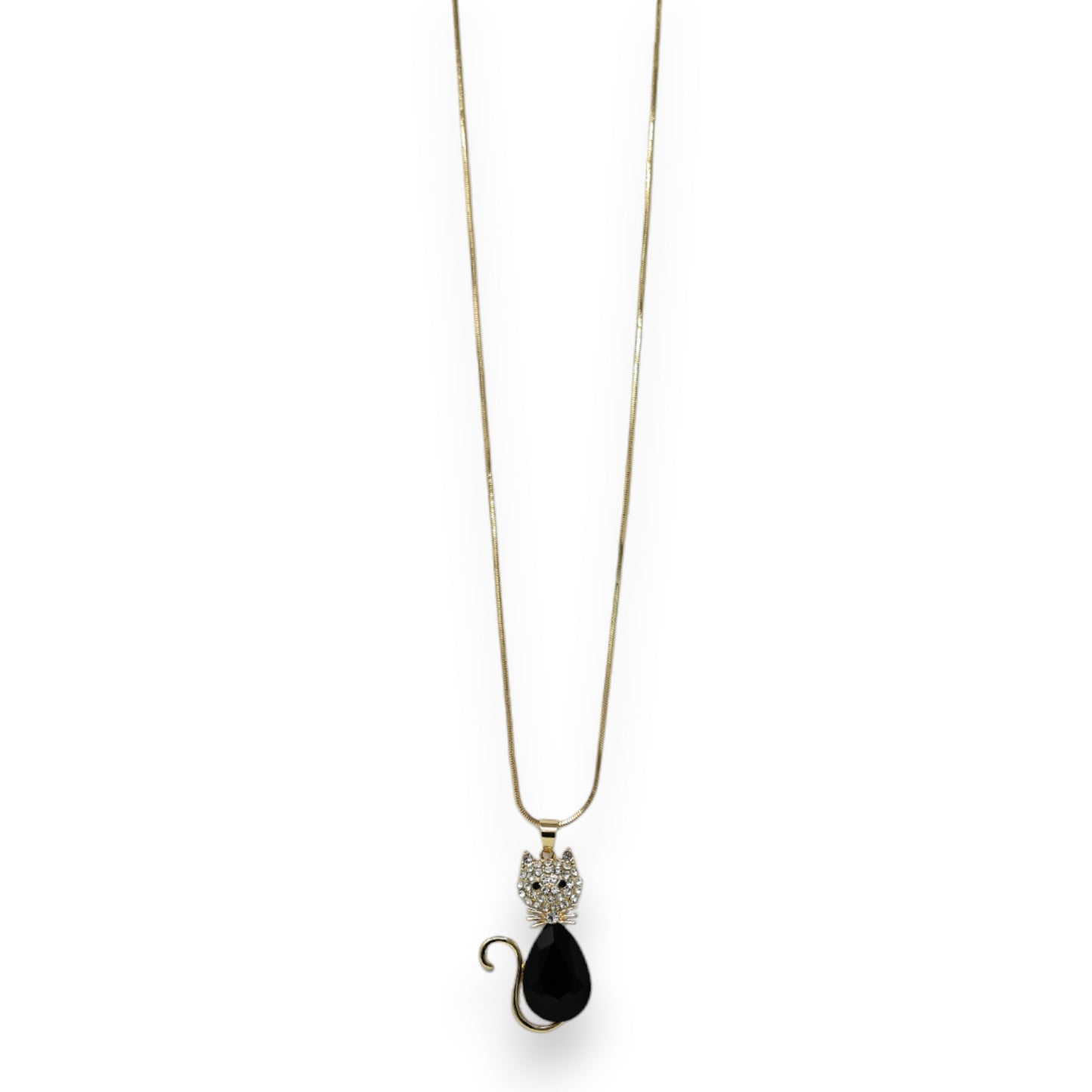 Collier fantaisie long doré chat noir et brillant