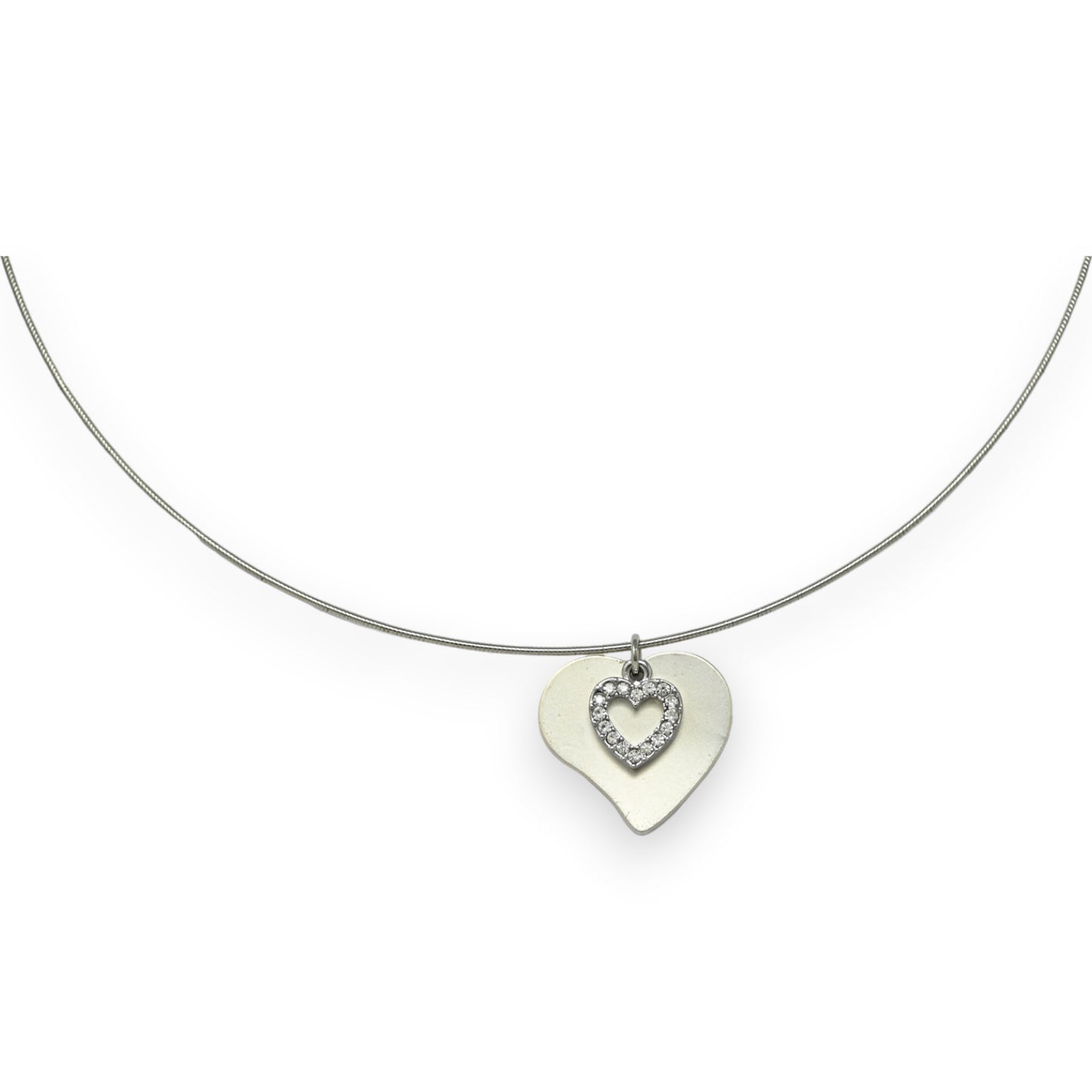 Collier fantaisie ras de cou argenté coeur double