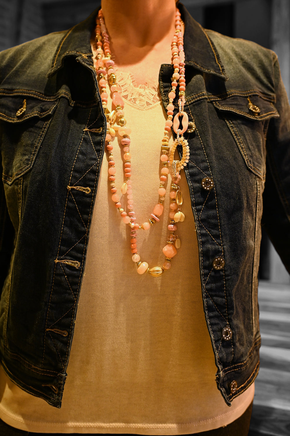 Collier sautoir 2 rangs nuances rose perles et pierres