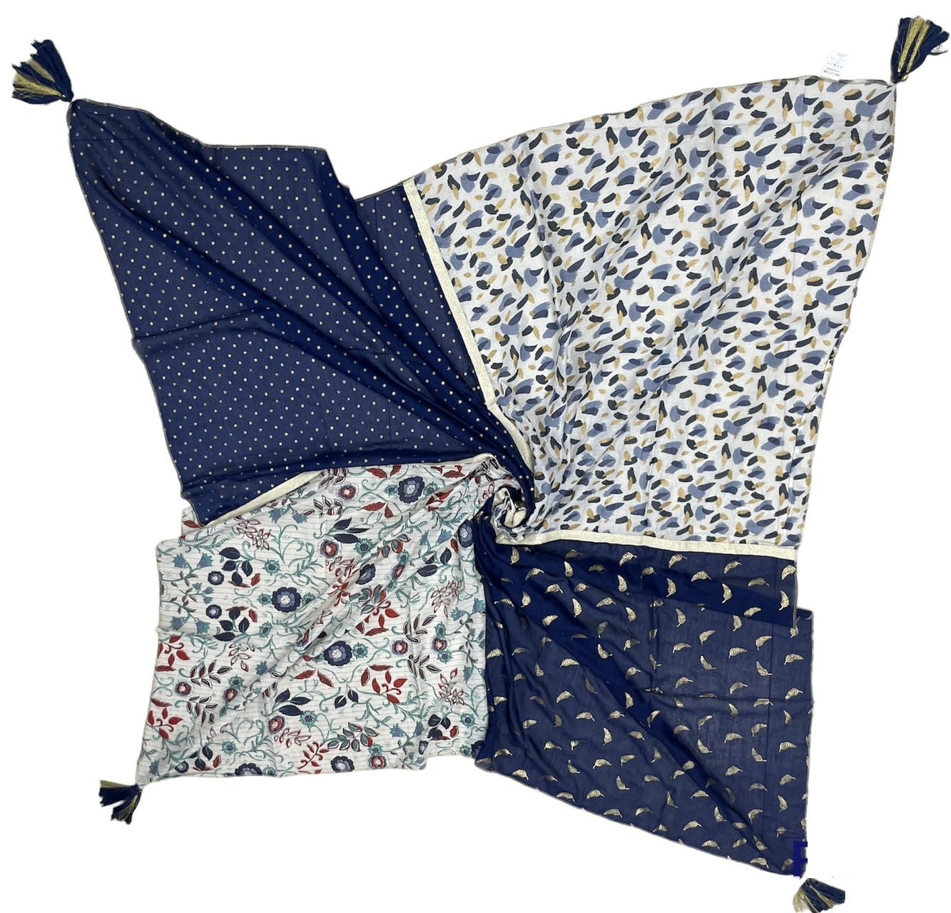 Foulard 4 faces bleu et moutarde