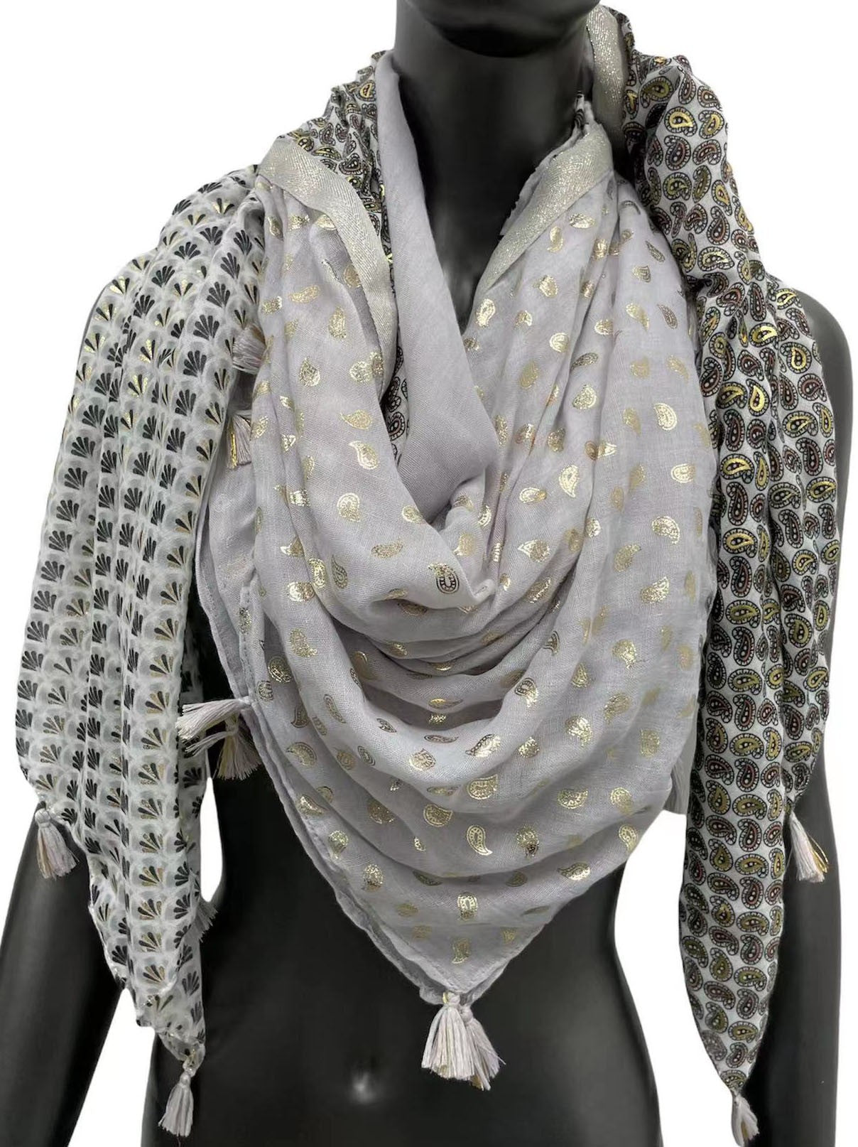 Foulard carré patchwork 4 faces gris noir