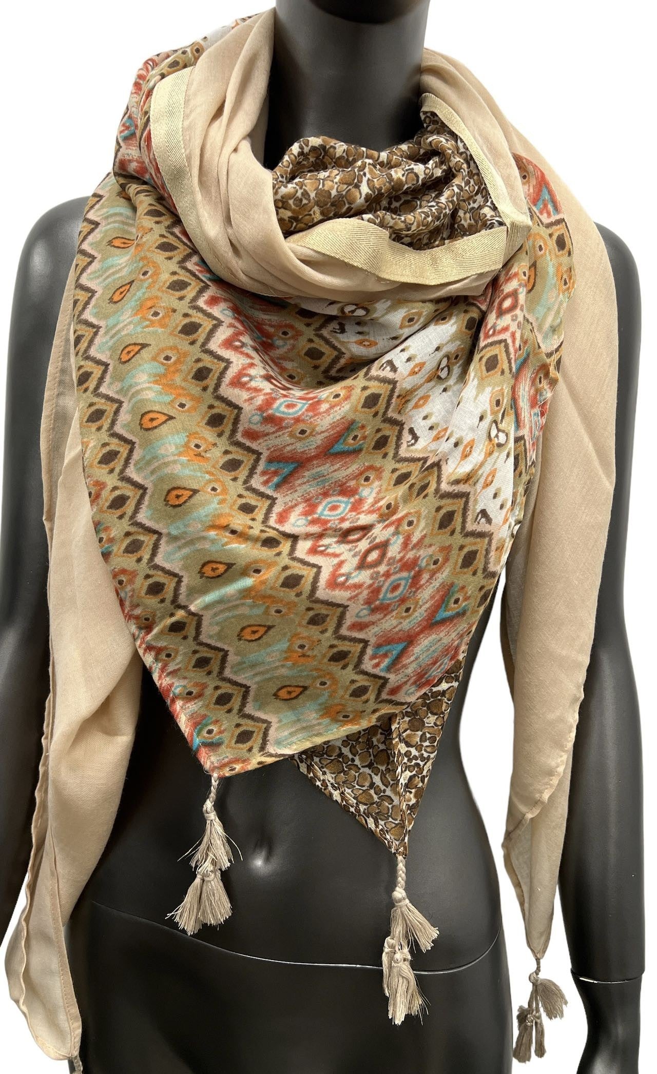 Foulard carré patchwork ethnique beige et marron
