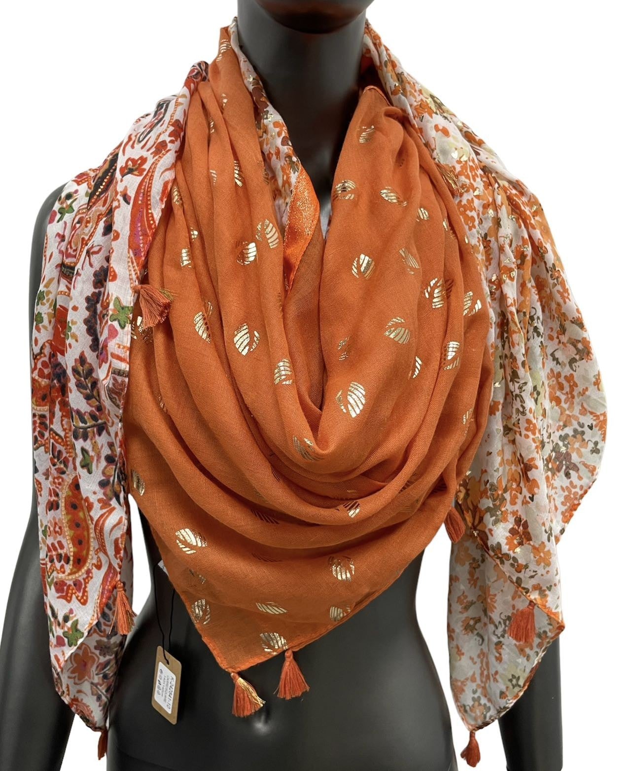 Foulard carré patchwork imprimé cachemire et liberty orange