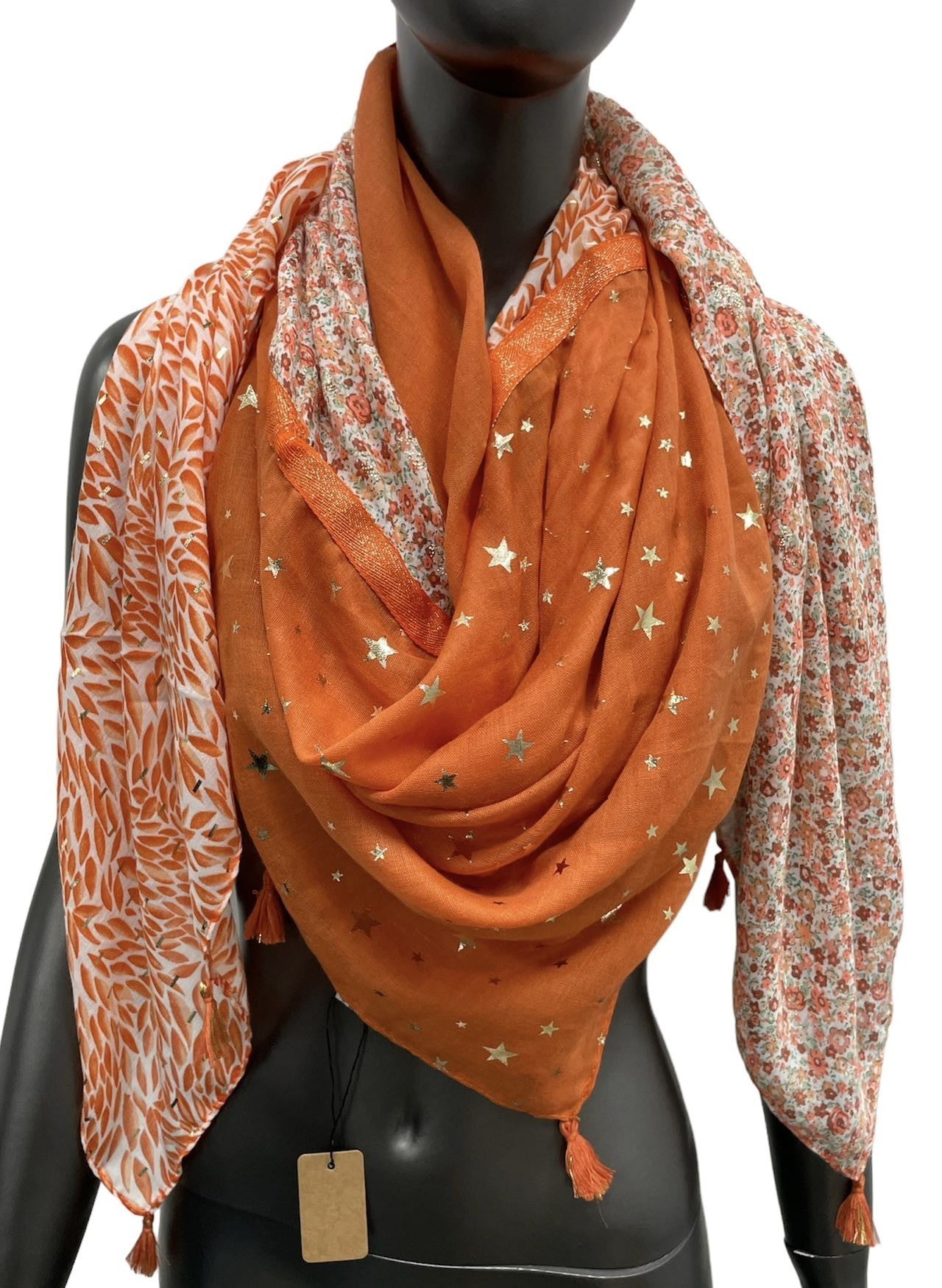 Foulard carré patchwork imprimé feuillage et liberty orange