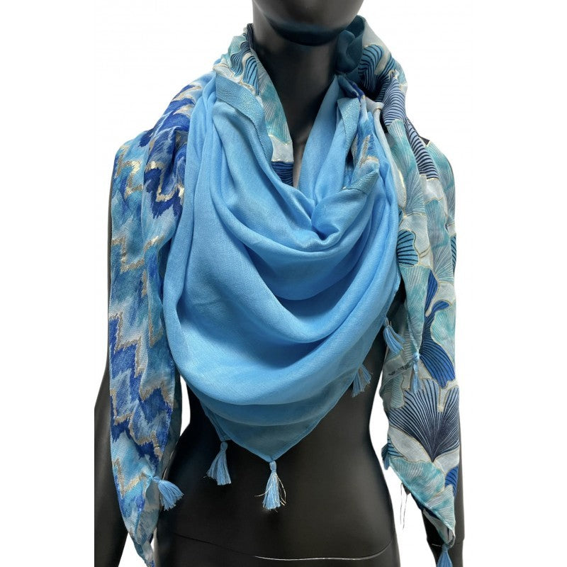 Foulard carré patchwork imprimé ginko et chevron bleu