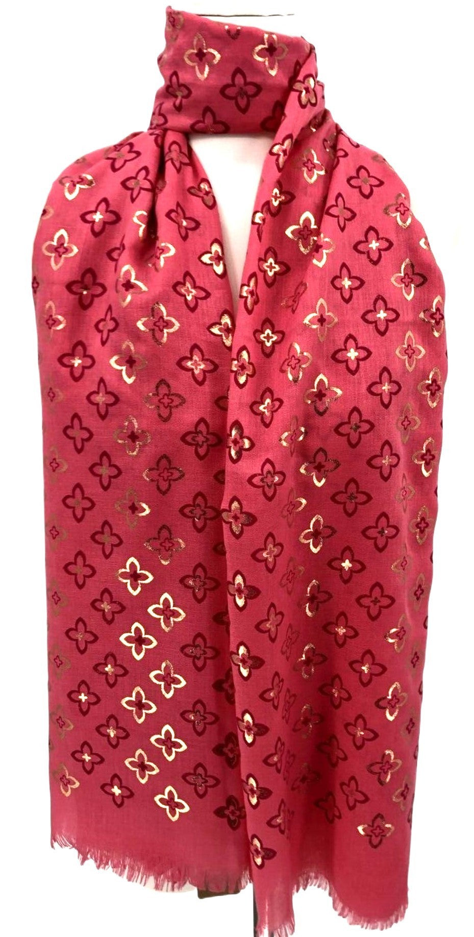 Foulard fin fuchsia imprimé fleurs dorées