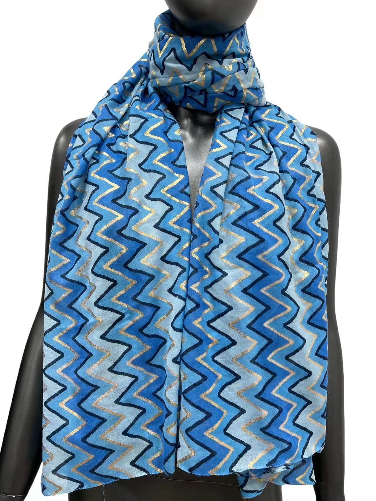 Foulard nuances bleu zig zag détails dorés