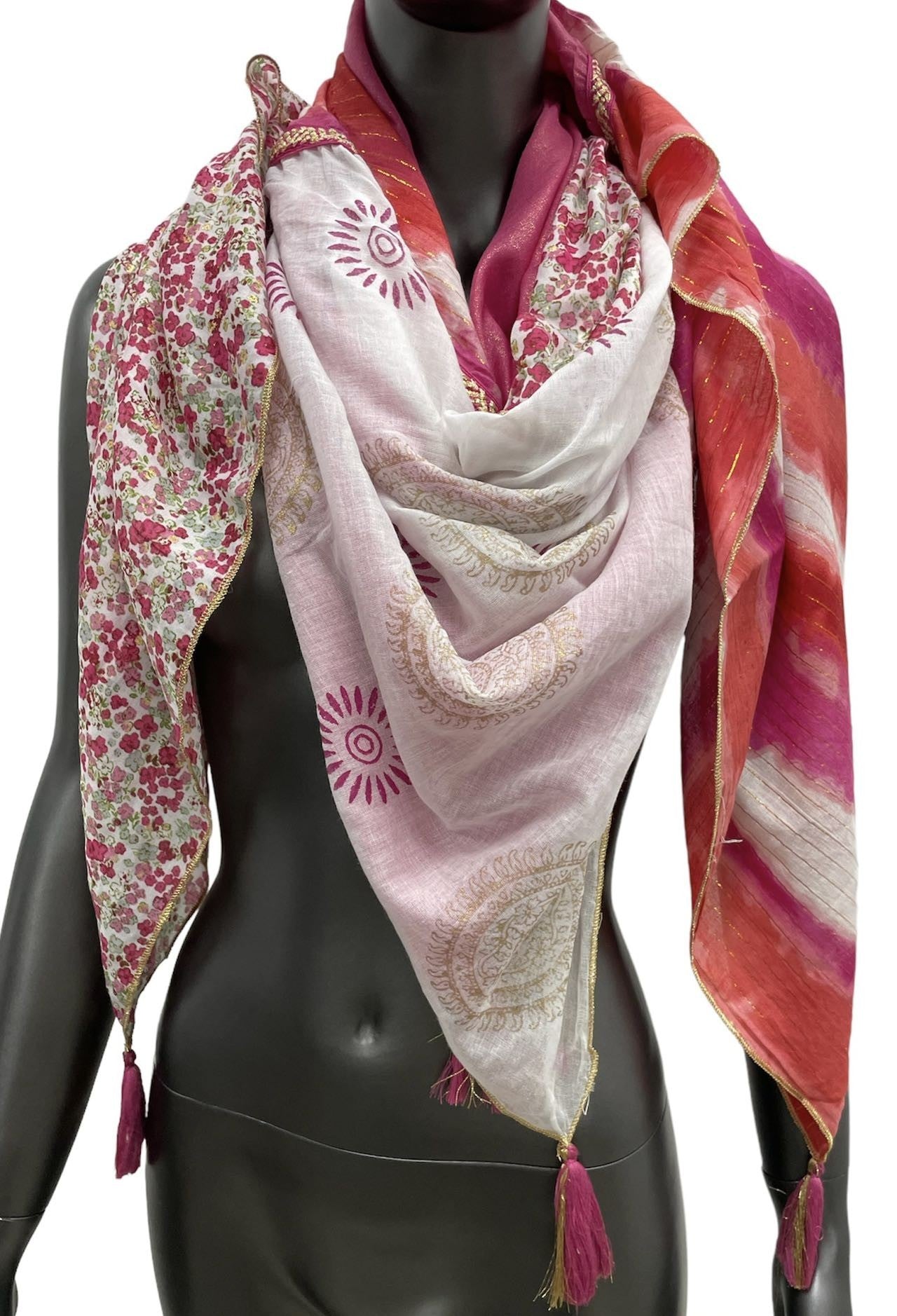 Foulard patchwork tie & dye et liberty framboise