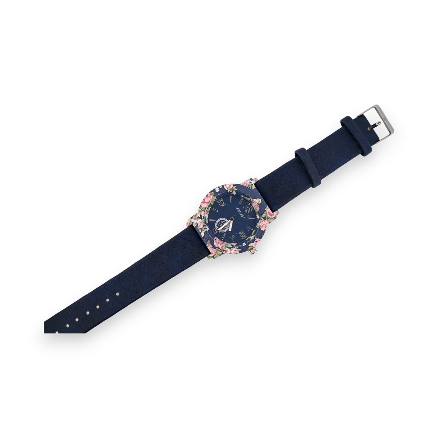 Montre simili cuir bleu marine cadran fleuri rose