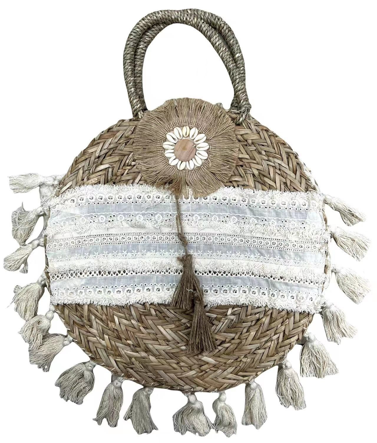 Sac Panier rond à dentelle et pompons Bohème