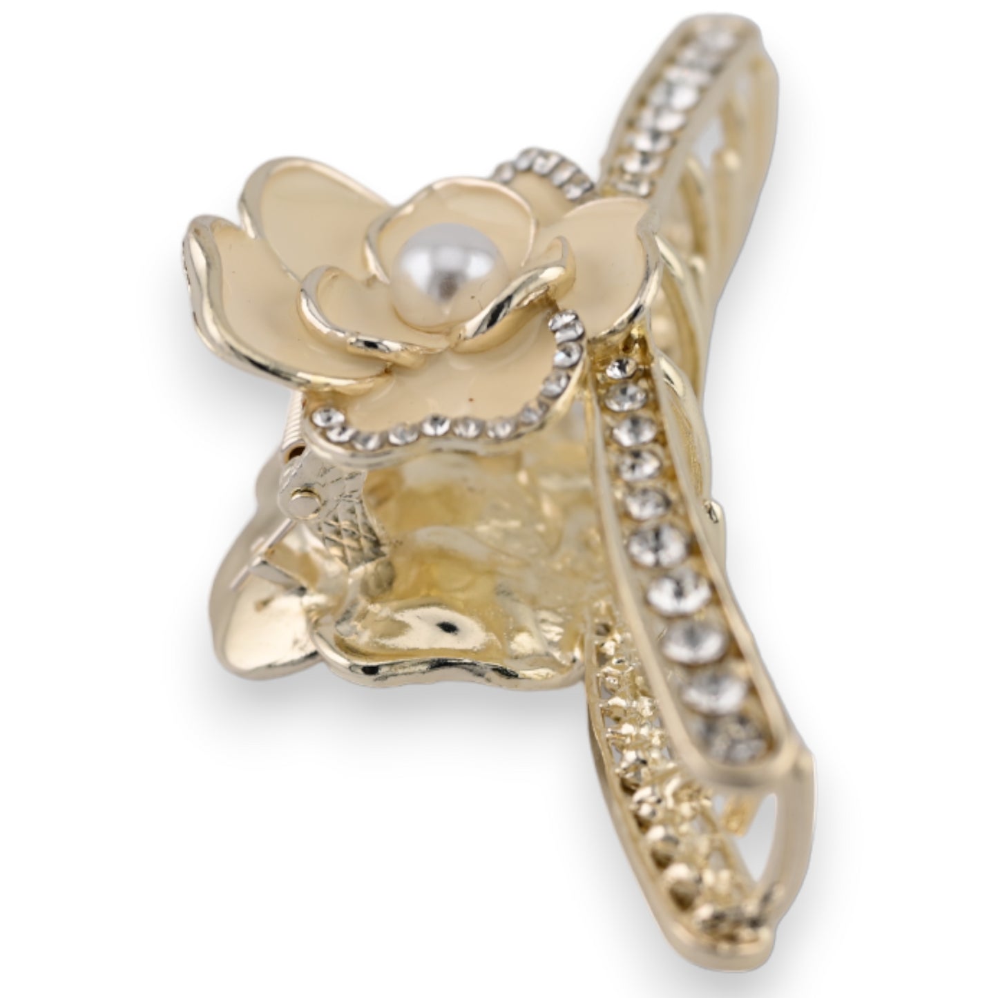 Pince à cheveux doré fleurs beige et strass