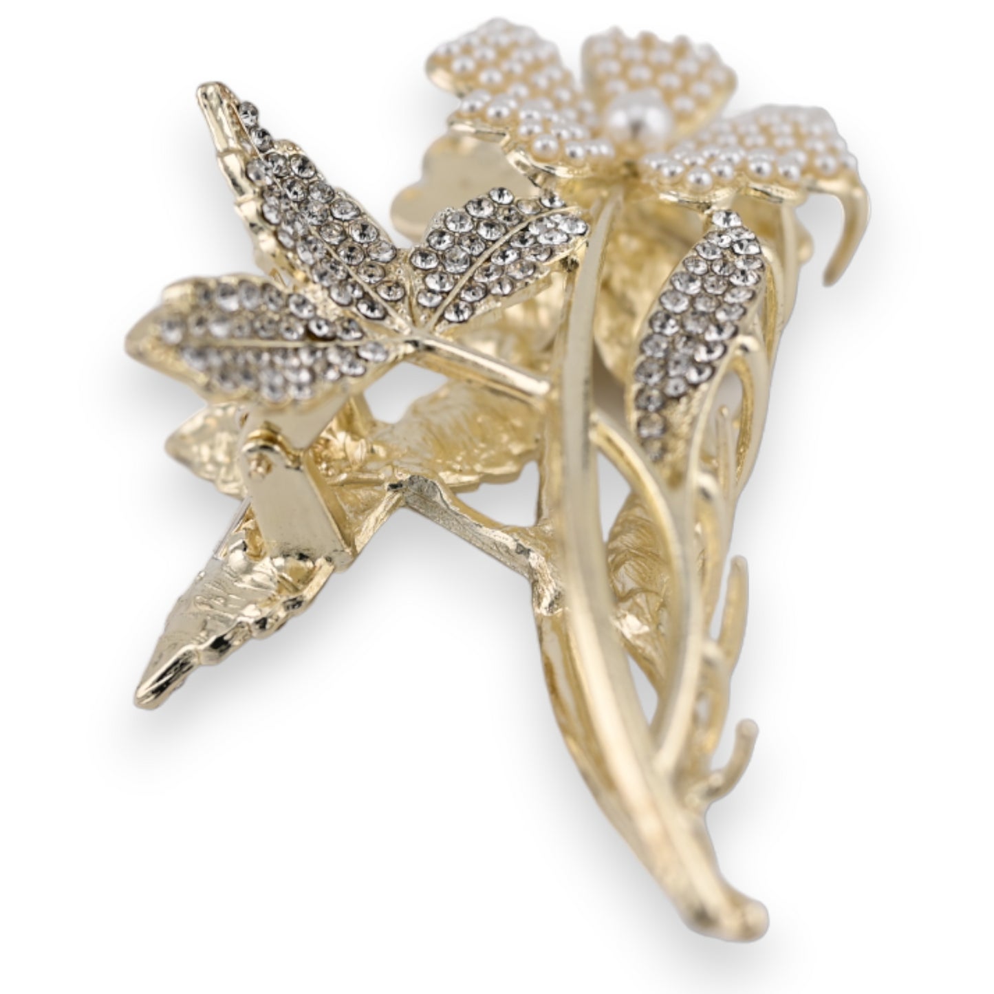 Pince à cheveux dorée fleur sur sa tige en perle et strass