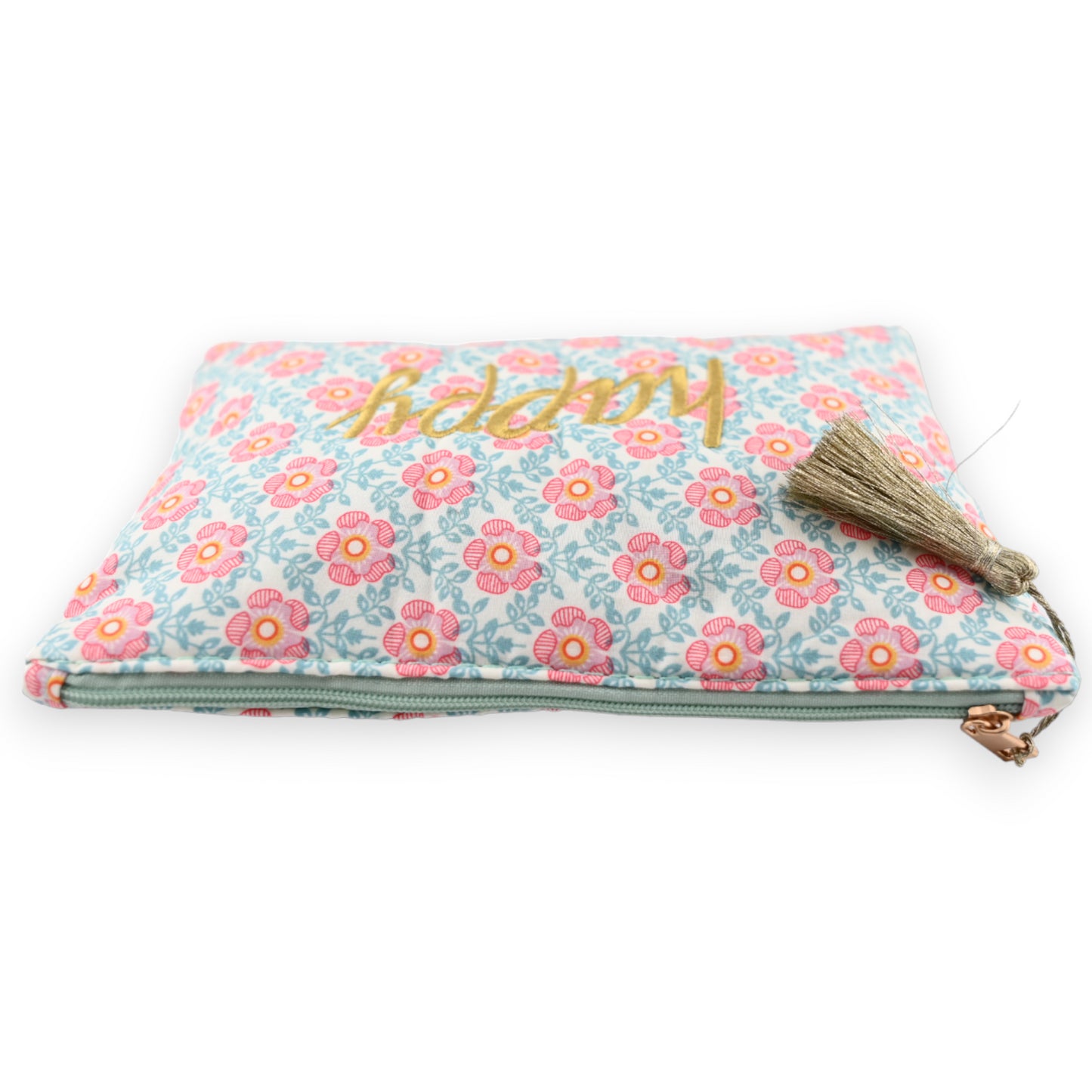 Pochette HAPPY coton imprimé fleurs rose et vert d'eau