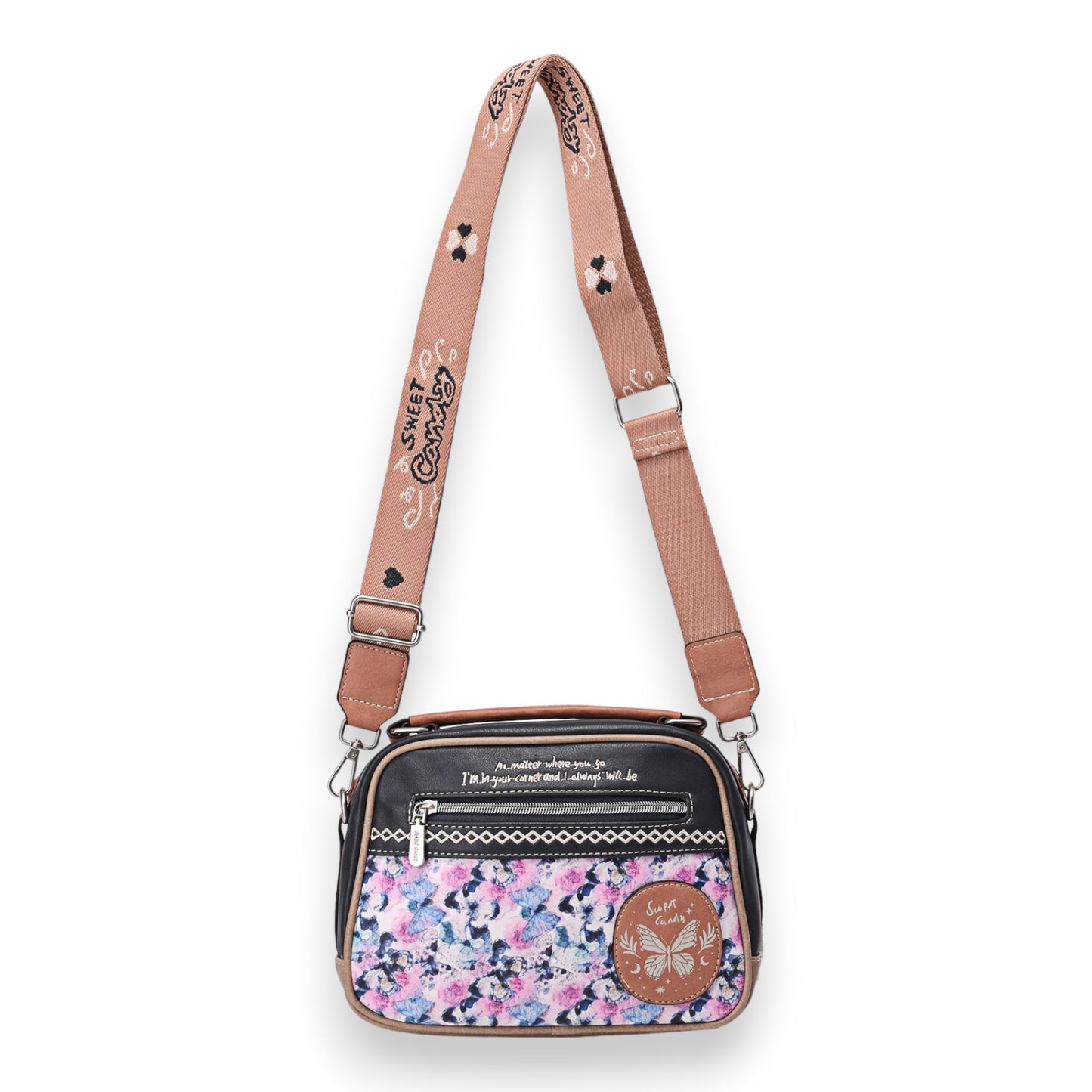 Sac bandoulière carré papillons Sweet &Candy rose et noir