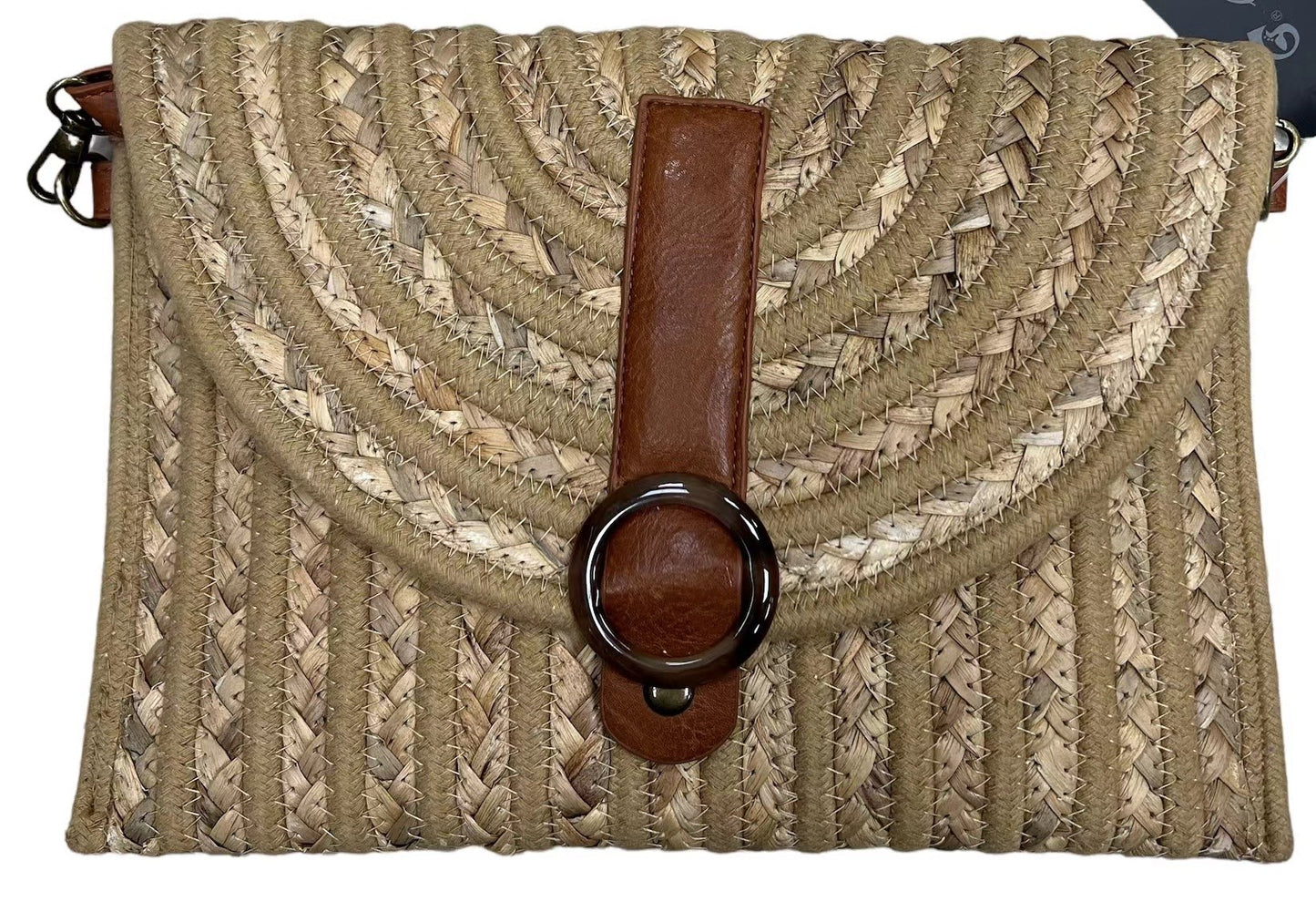 Sac bandoulière paille fermoir boucle simili cuir marron