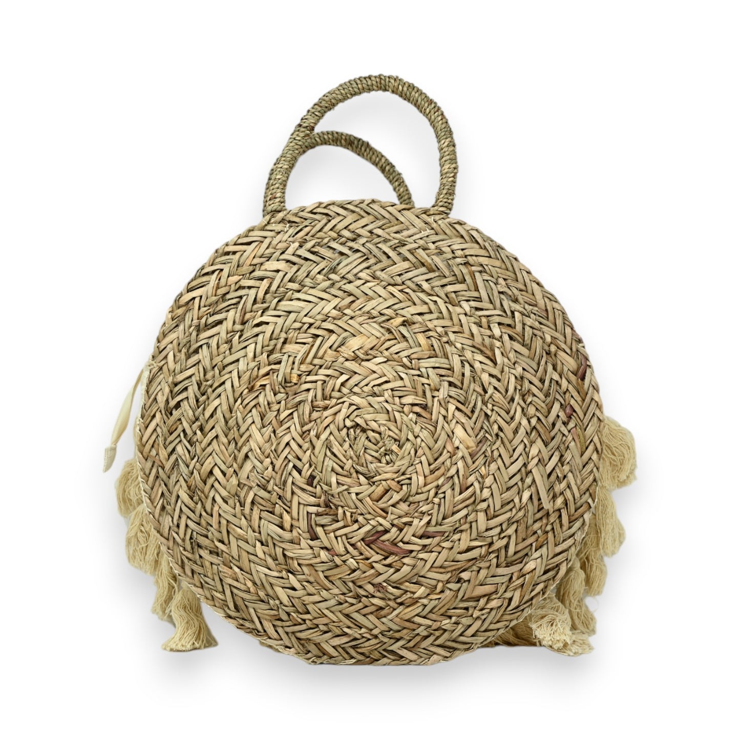 Sac rond paille bohème beige et bleu ciel