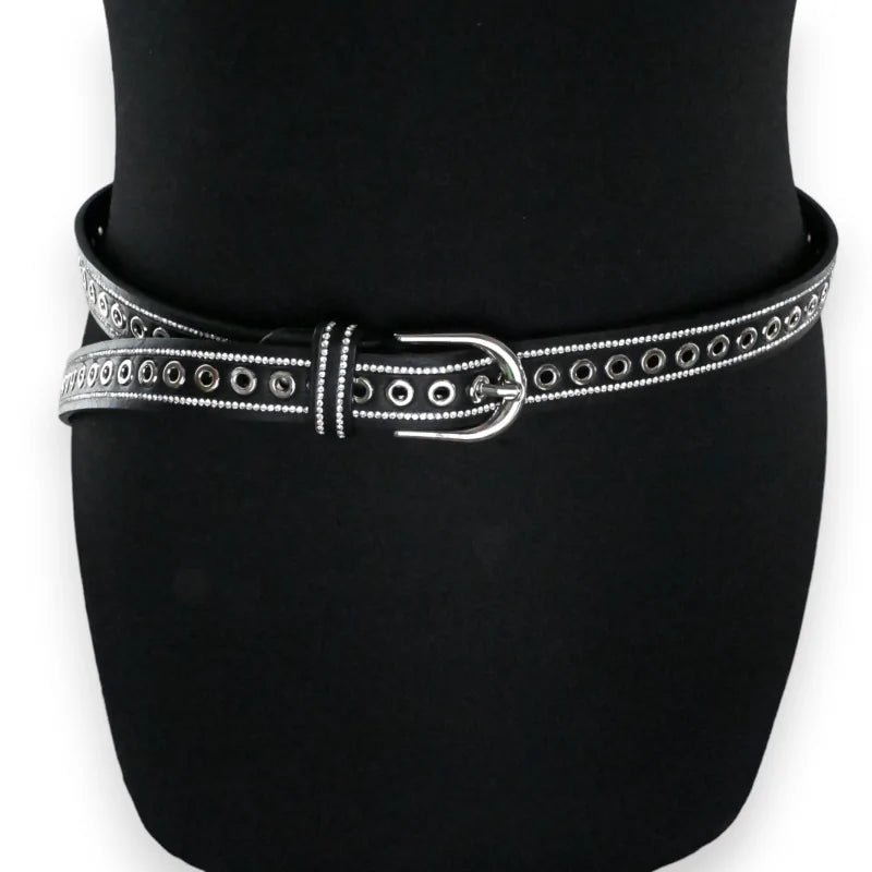 Ceinture noire fine pour femme avec clous argentés et strass, boucle métallique
