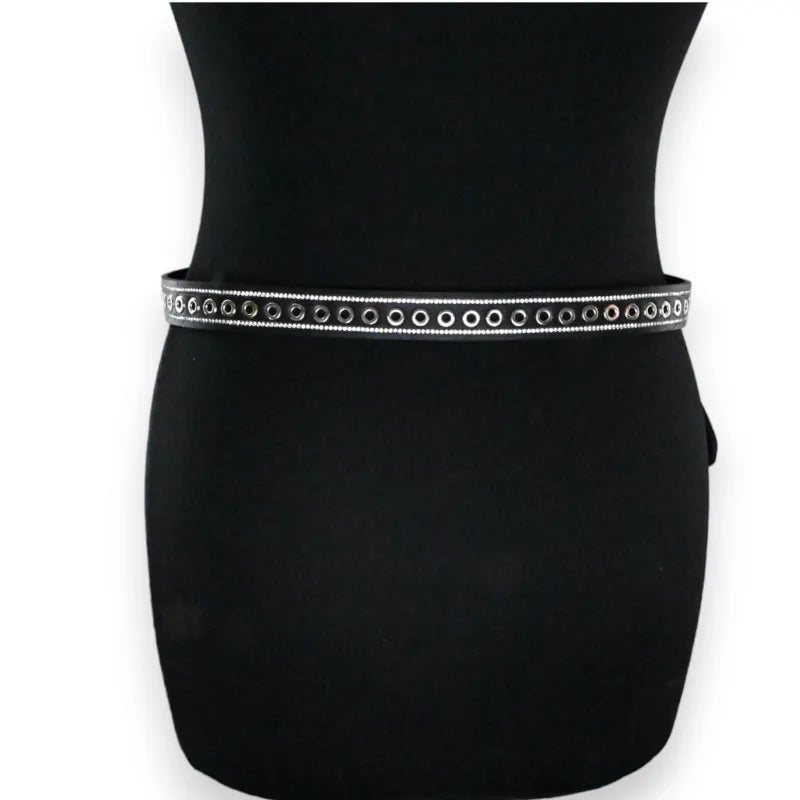 Ceinture noire fine pour femme avec strass et clous argentés, accessoire mode élégant