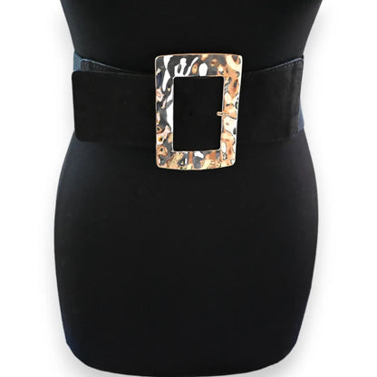 Ceinture élastique noire femme avec large boucle rectangulaire dorée motif léopard