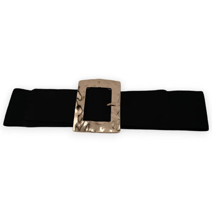 Ceinture élastique noire pour femme avec large boucle dorée rectangulaire fantaisie