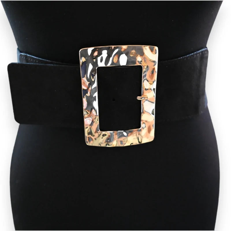 Ceinture élastique noire pour femme avec large boucle rectangulaire dorée motif léopard