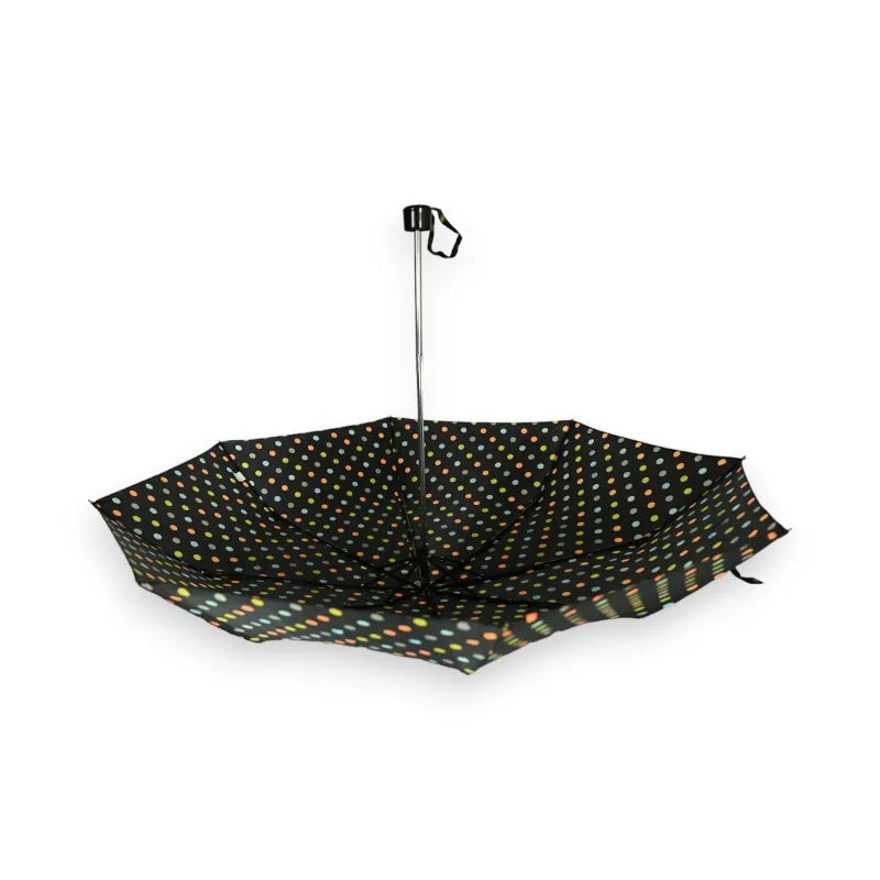 Parapluie pliant manuel noir à pois multicolores avec manche argenté