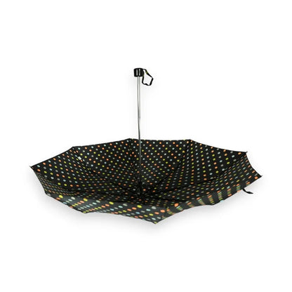 Parapluie pliant manuel noir à pois multicolores avec manche argenté
