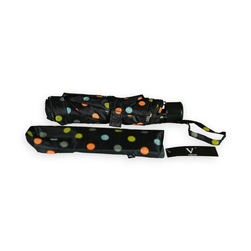 Parapluie pliant noir à pois multicolores, fermé avec housse assortie