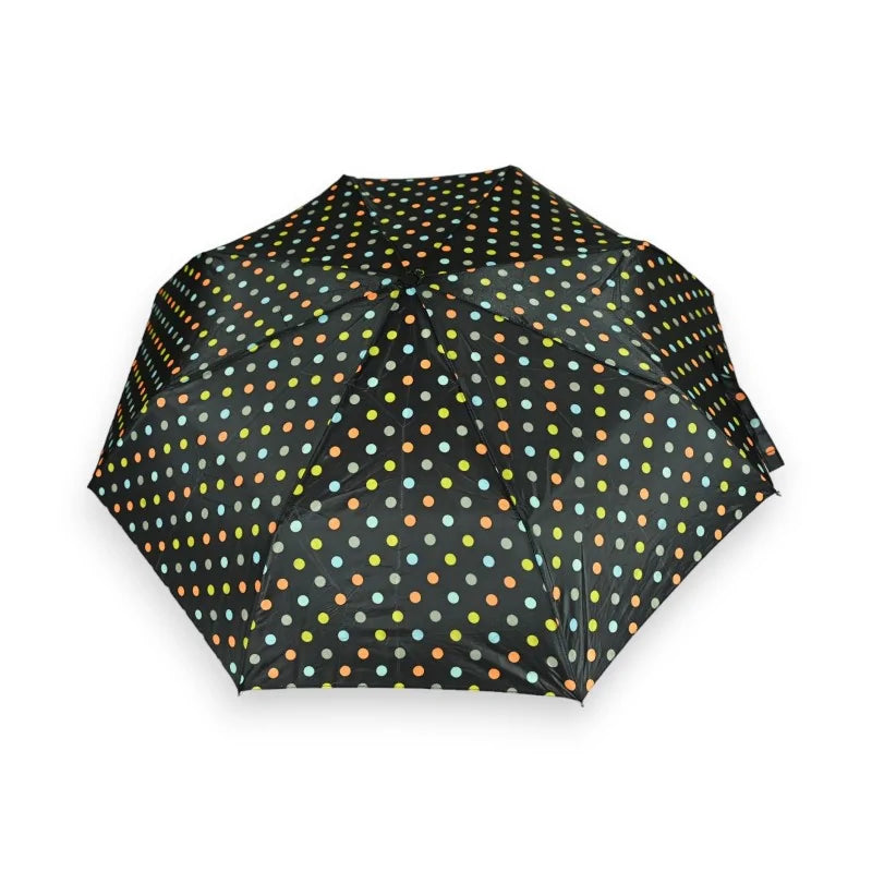 Parapluie pliant noir à pois multicolores, ouvert et vu de dessus
