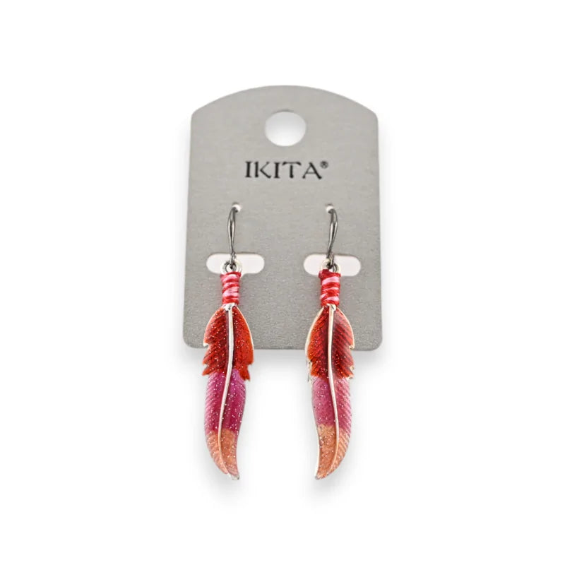 Boucles d'oreilles métal argenté plume rouge et rose marque ikita