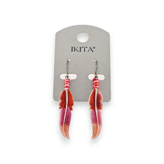 Boucles d'oreilles métal argenté plume rouge et rose marque ikita