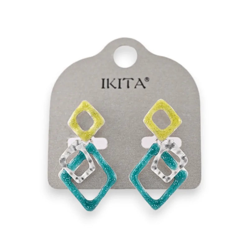 Boucles d'oreilles métal argenté géométriques turquoise et vert anis de chez ikita