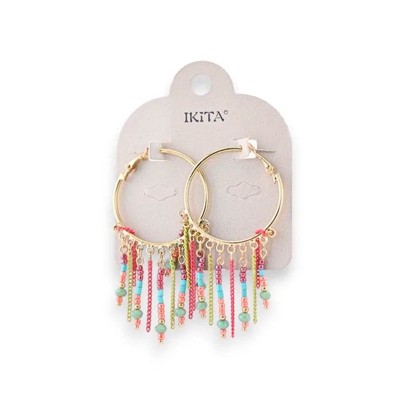 Boucles d'oreilles créoles franges perles multicolores de chez Ikita