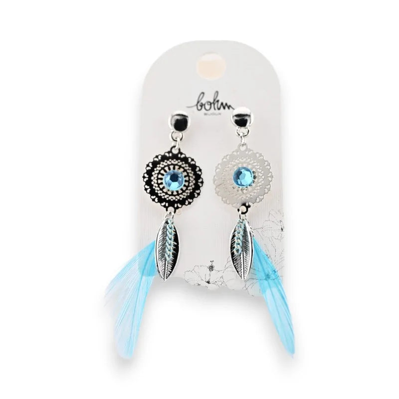 Boucles d'oreilles bohèmes turquoise plume de chez Bohm