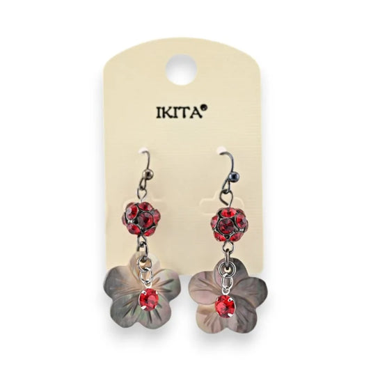 Boucles d'oreilles Ikita fleur nacre et strass rouge