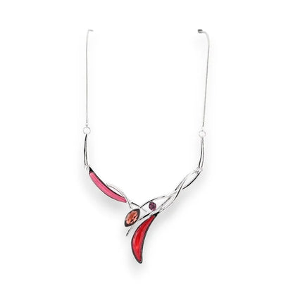Collier argenté élégant avec pendentif design rouge et fuchsia, bijou moderne pour f...