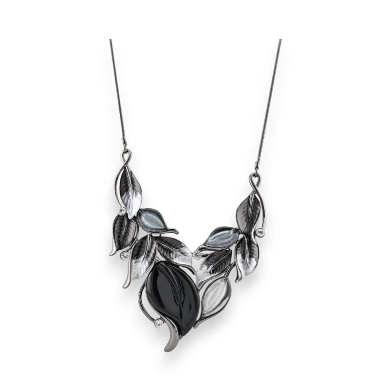 Collier feuillage noir et gris métallique, bijou élégant avec pendentifs en forme de...