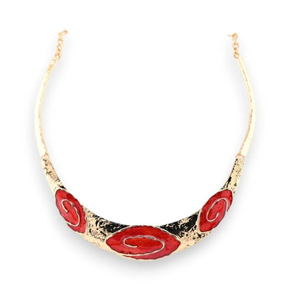 Collier semi-rigide doré avec motifs floraux rouges, bijou élégant style Ikita