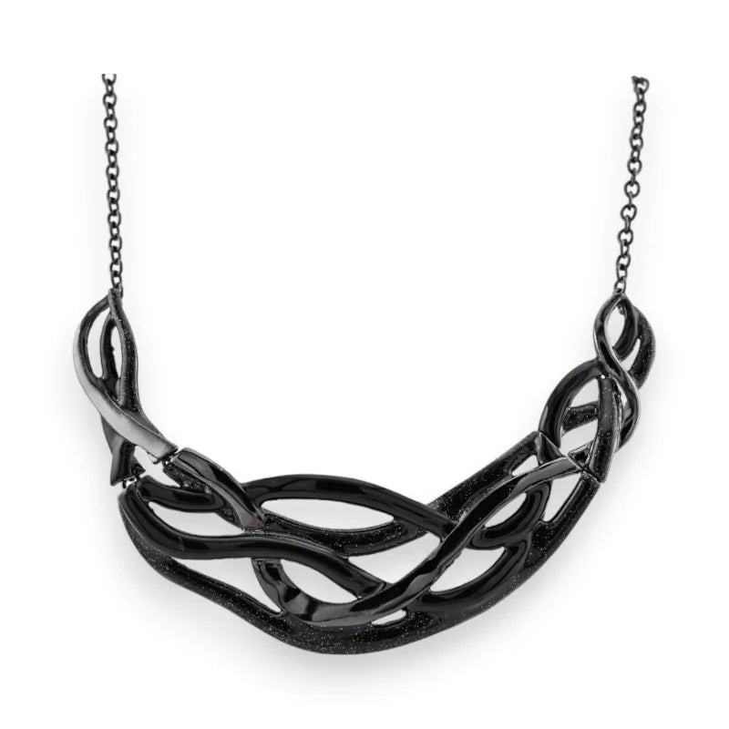 Collier semi-rigide torsadé en métal noir, design entrelacé moderne, bijou élégant...