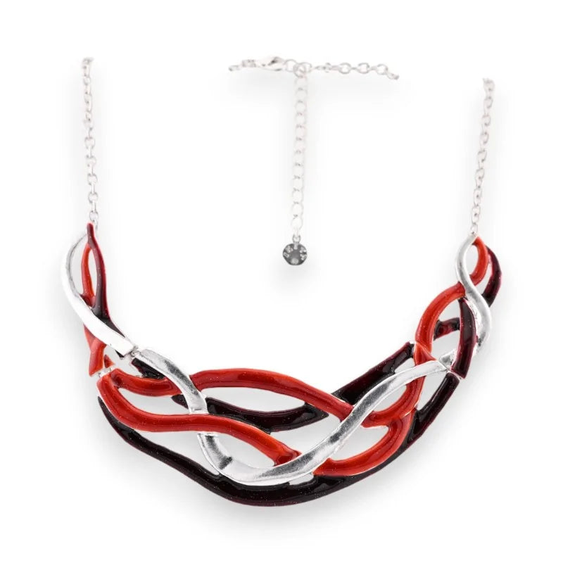 Collier Ikita avec entrelacs de rubans rouges, blancs et noirs sur chaîne argentée