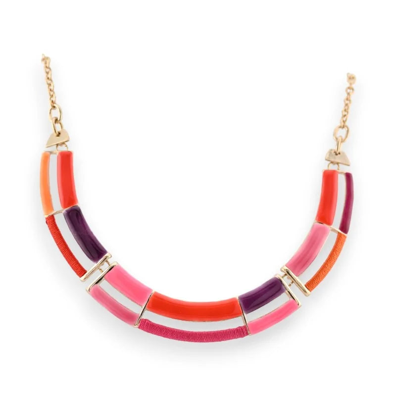 Collier ras-de-cou semi-rigide doré avec sections colorées orange, rouge, rose et violet