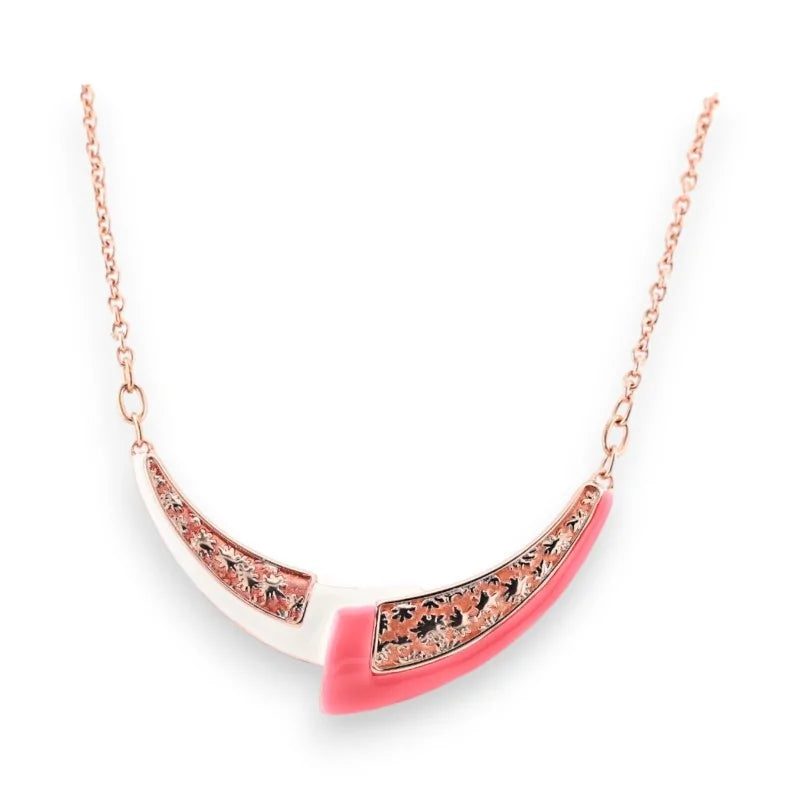 Collier croissant rose et doré Ikita, design japonais, pendentif ajouré corail et métal