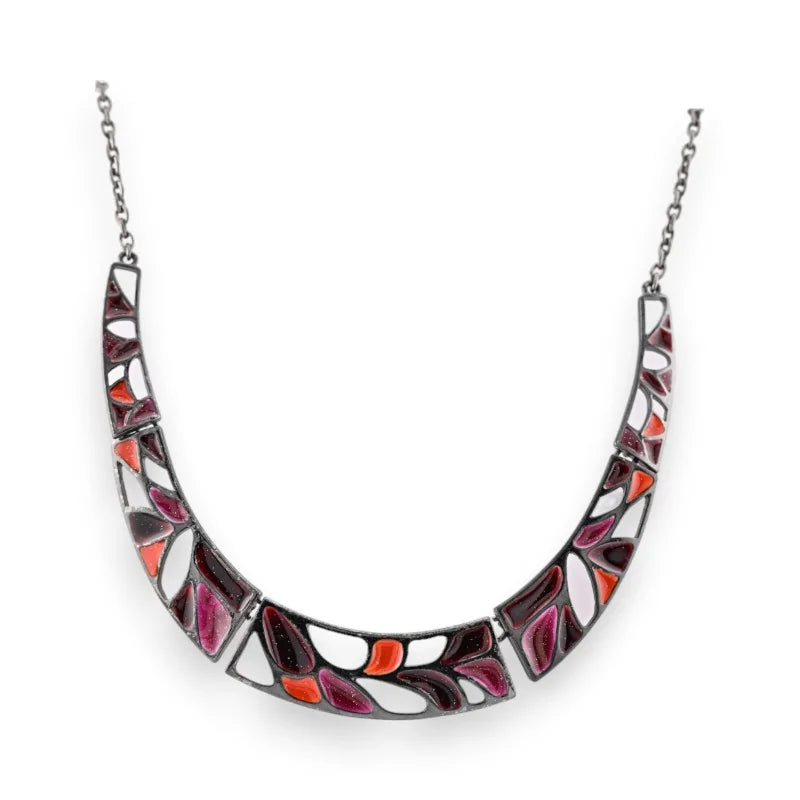 Collier semi-rigide multicolore en mosaïque, motif floral abstrait, tons oranges et roses