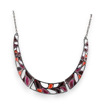 Collier semi-rigide multicolore en mosaïque, motif floral abstrait, tons oranges et roses