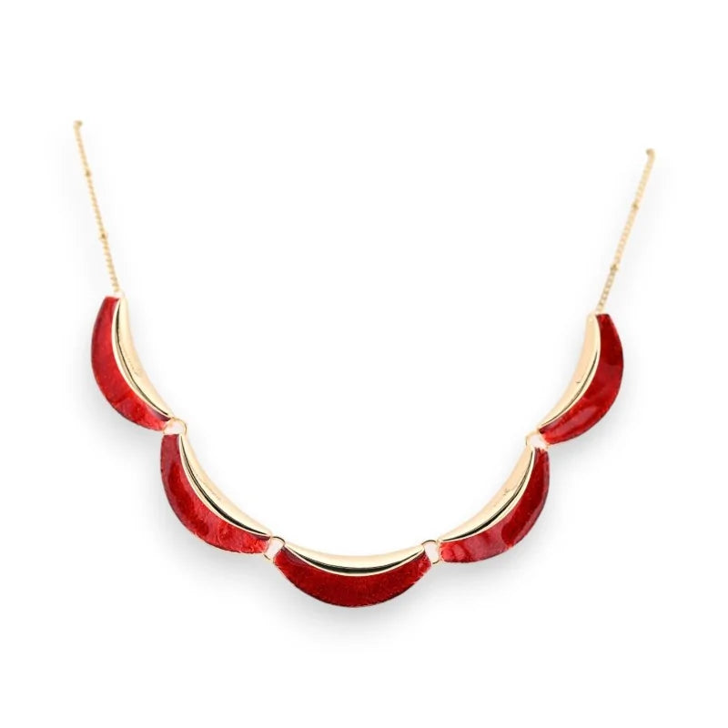 Collier semi-rigide rouge et doré, design moderne avec demi-cercles émaillés