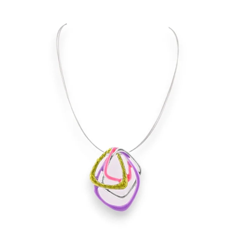 Collier pendentif géométrique multicolore avec anneaux entrelacés jaune, rose et violet
