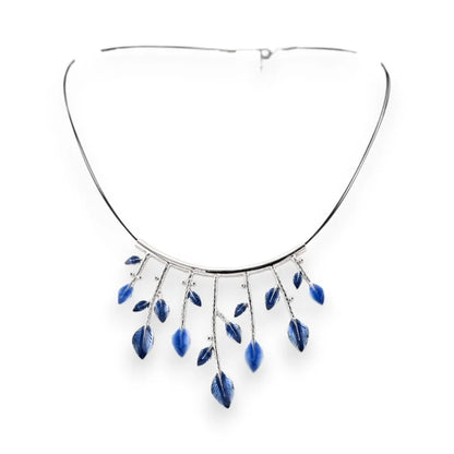 Collier argenté avec pendentifs feuilles bleus et argentés, bijou élégant Ikita
