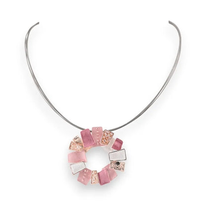 Collier pendentif cercle avec perles roses et blanches sur cordon argenté, bijou Ikita