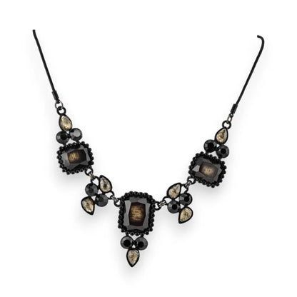 Collier baroque noir avec pierres grises, style vintage, monture en métal foncé