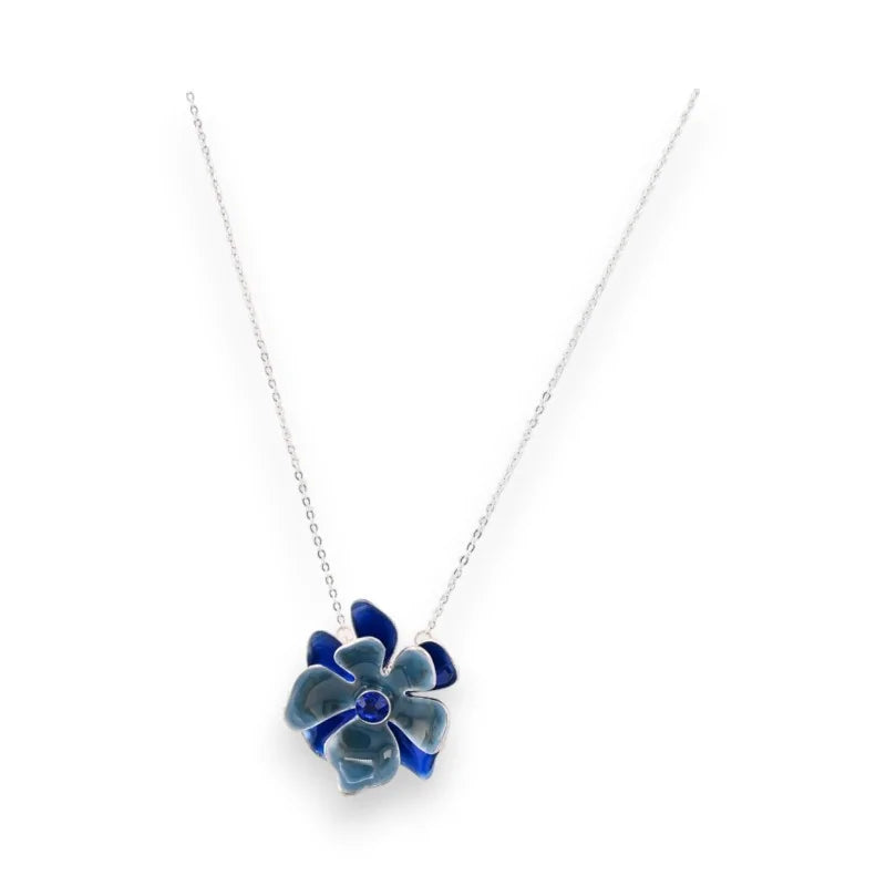 Collier avec pendentif fleur bleue en métal argenté sur chaîne fine, bijou élégant...